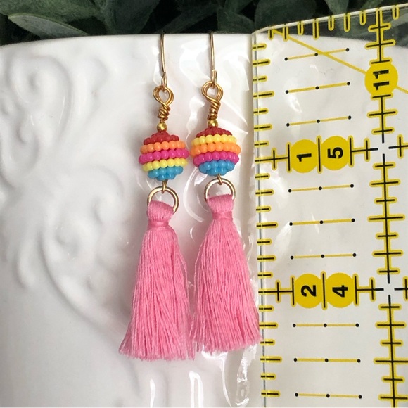New Rainbow Bead Pink Tassel Fringe Fun Dangle Drop Handmade Boho Chic Earrings - Picture 2 of 6